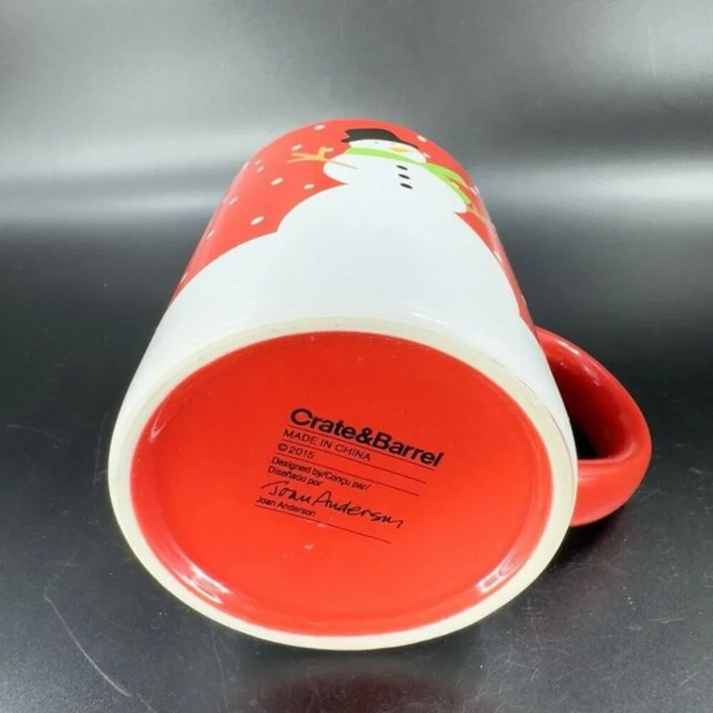 2015 Crate & Barrel Happy Snowman Mug Cup Red White by Joan Anderson Ceramic Set
